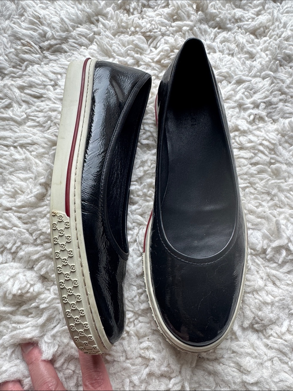 Gucci Black Patent Leather Slip-On Flats with Red & White Trim